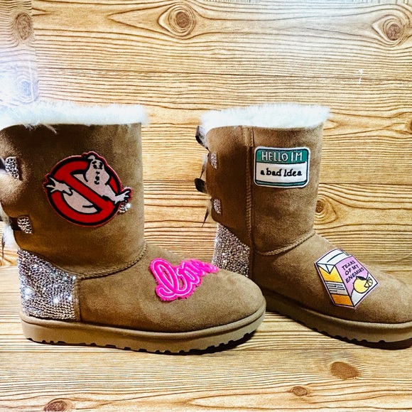 Bailey Bow Ugg Boots NWOB custom bling with patches - Picture 3 of 10